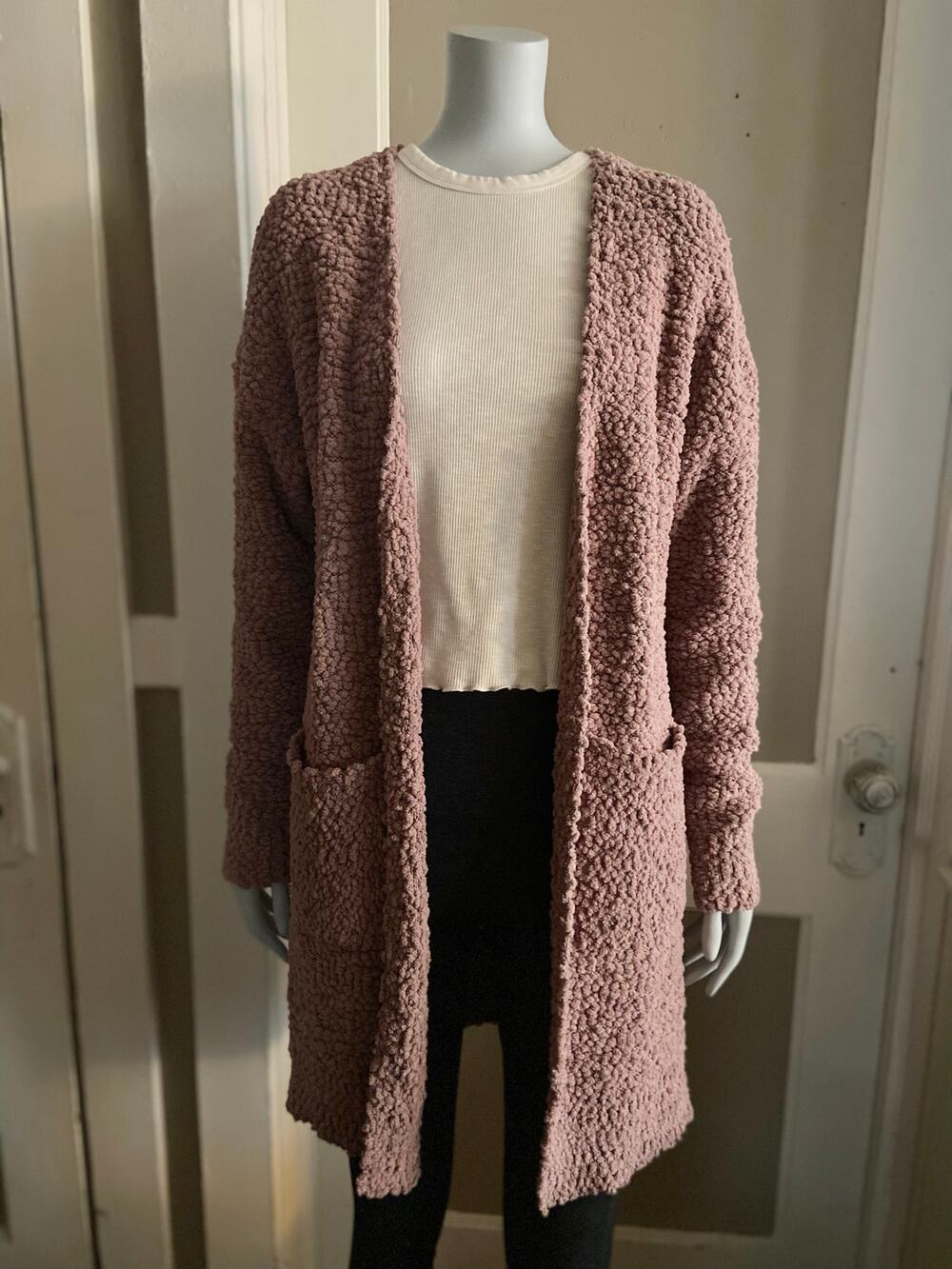 MEROKEETY Mauve Sherpa Long Open Cardigan sz M